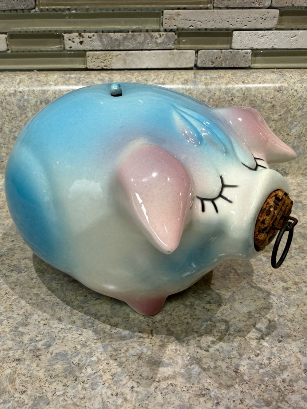 Vintage “Corky Pig” Piggy Bank - Blue & Pink